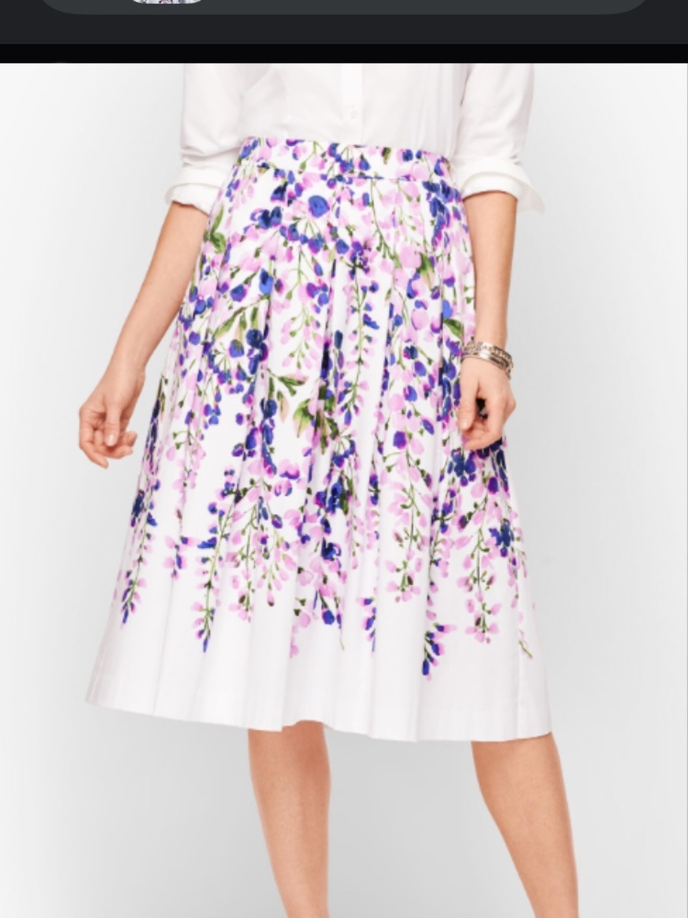 Talbots Wisteria Print White Midi Skirt with Purple and Pink
